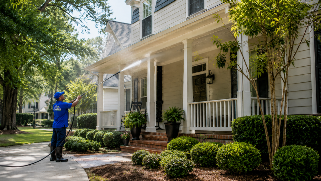Soft washing a home exterior in Shreveport LA by Clean Sweep Outdoor Solutions