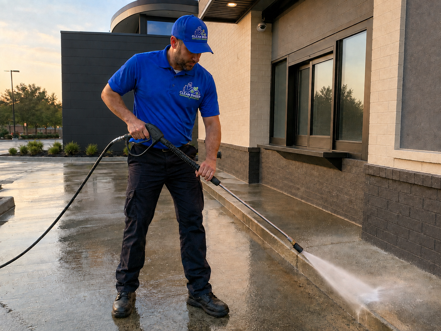 Clean Sweep technician power washing a commercial restaurant drive-through lane in Shreveport