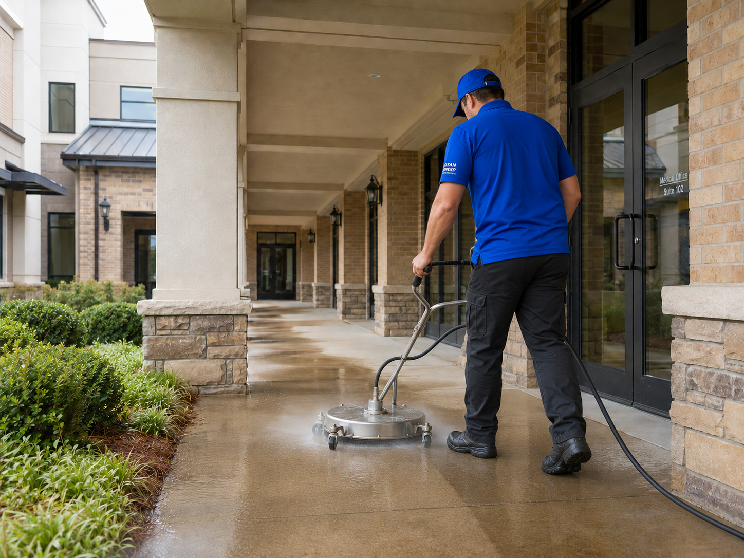 Clean Sweep technician using a surface cleaner on a covered medical plaza walkway in Shreveport